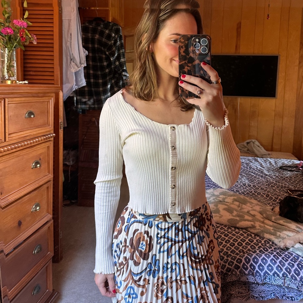 White Ribbed Button-Up Top Sweater